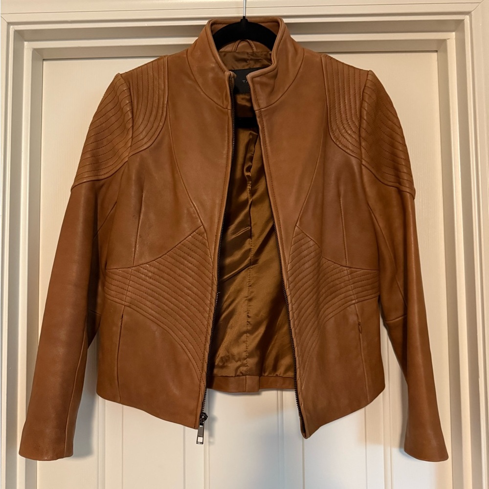 Tahari Tan Moto Leather Jacket